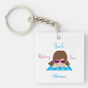 Personalized Resting Beach Face Girl Sunglasses Keychain