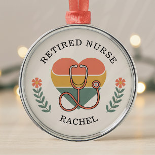 Personalized Retired Nurse Retro Heart Metal Ornament