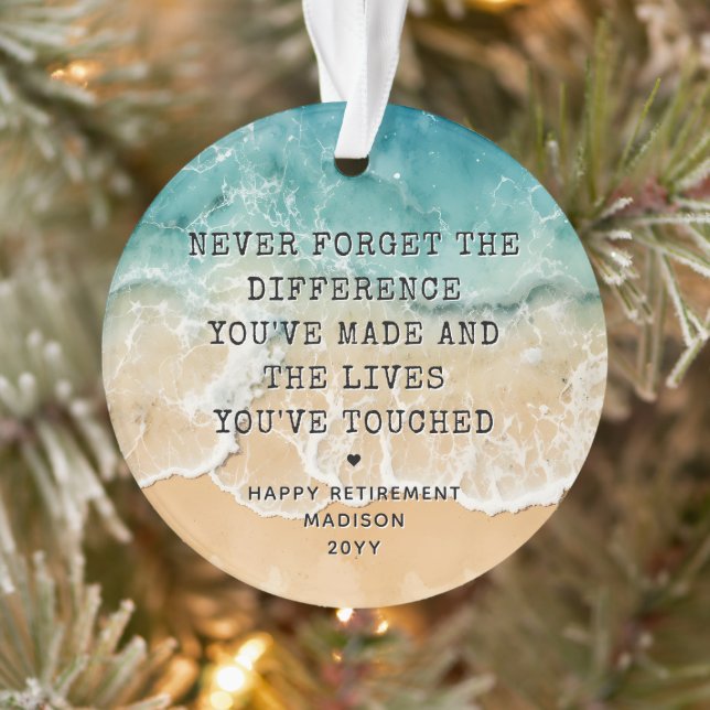 Personalized Retirement Modern Blue Ocean Beach Ornament (Tree)