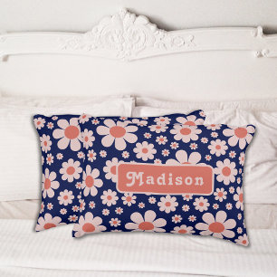 Personalized Retro 70s Floral Navy Blue Accent Pillow