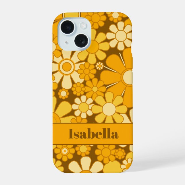 Personalized Retro 70s Floral Pattern iPhone 15 Case (Back)