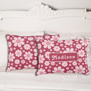 Personalized Retro 70s Floral Pink Accent Pillow