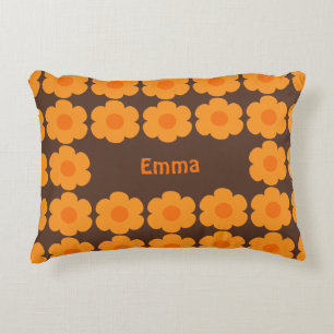Personalized Retro 70s Flowers Brown and Orange Accent Pillow