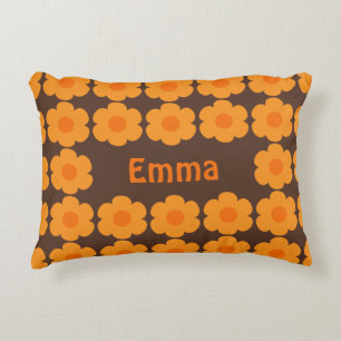 Personalized Retro 70s Flowers Brown and Orange Accent Pillow