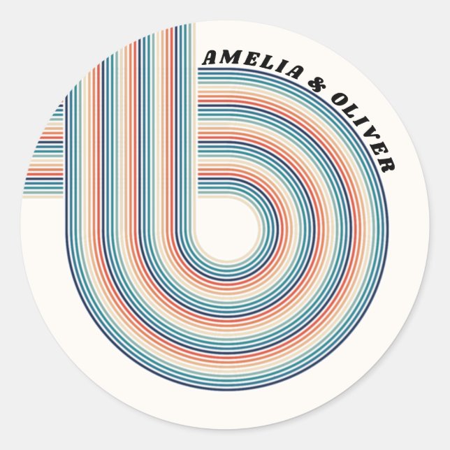 Personalized Retro 70s Theme Colourful Stripes Classic Round Sticker (Front)