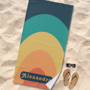 Personalized Retro Arch Groovy Orange Blue Beach Towel