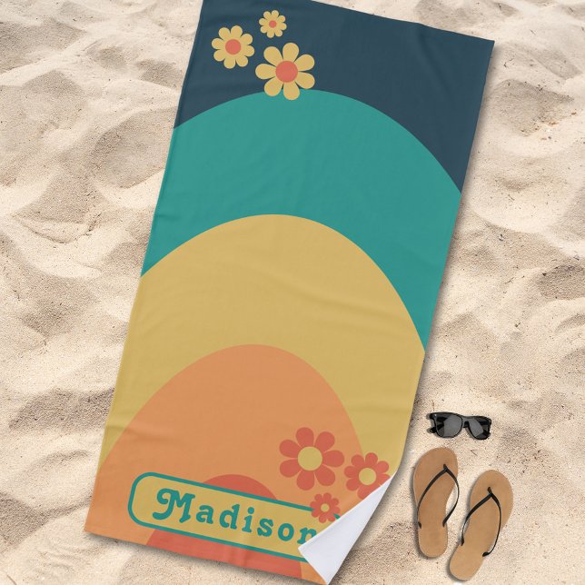 Personalized Retro Arch Groovy Vintage Orange Blue Beach Towel (Retro arch groovy floral personalized name beach towel blue teal green yellow orange)