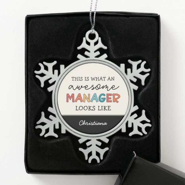 Personalized Retro Awesome Manager Funny Snowflake Pewter Christmas Ornament (Box)