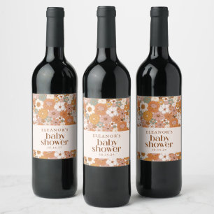 Personalized Retro Baby Shower Floral Earthy Art Wine Label