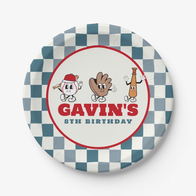 Personalized Retro Baseball Birthday Party Paper Plate (Front)