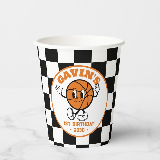 Personalized Retro Basketball Birthday Party Cute Paper Cups (Front)