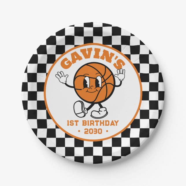 Personalized Retro Basketball Birthday Party Cute Paper Plate (Front)