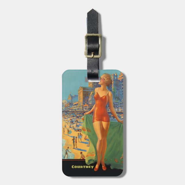 Personalized Retro Beach Scene Luggage Tag (Front Vertical)