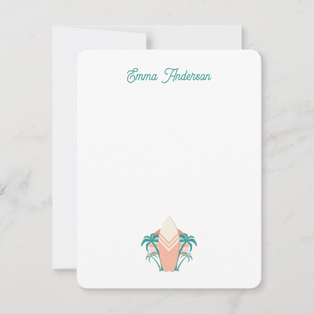 Personalized Retro Beach Surfboard Note Card (Front)