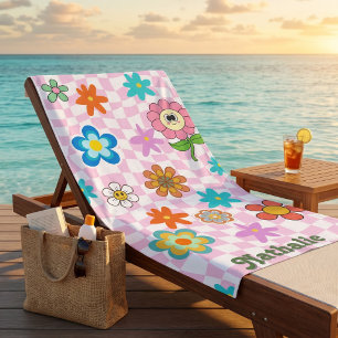 Personalized Retro Beach Towel   Floral Name Gift 