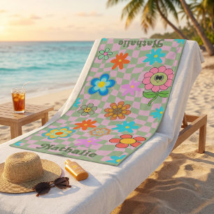 Personalized Retro Beach Towel   Floral Name Gift 