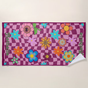 Personalized Retro Beach Towel   Floral Name Gift 