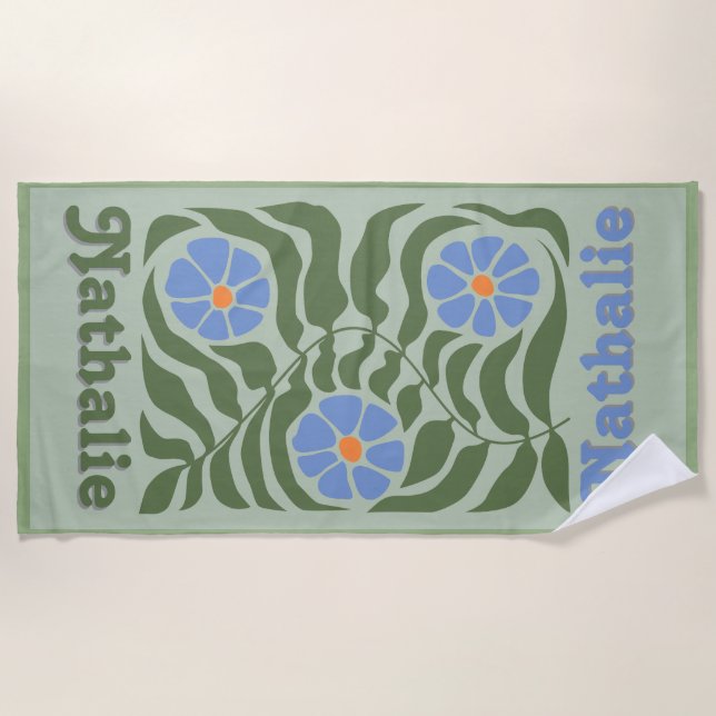 Personalized Retro Beach Towel with Name - Green  (Front)