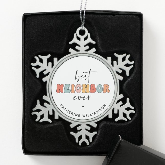 Personalized Retro Best Neighbour Ever Cute Snowflake Pewter Christmas Ornament (Box)