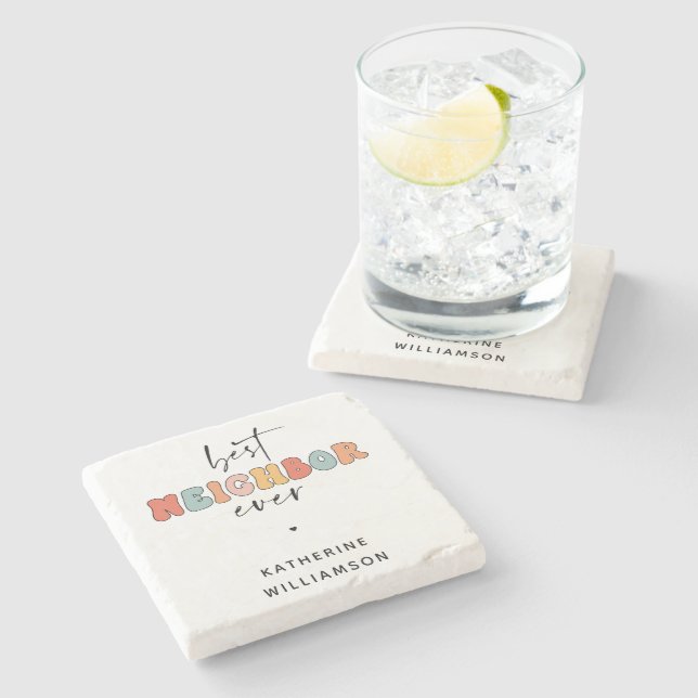 Personalized Retro Best Neighbour Ever Cute Stone Coaster (Side)