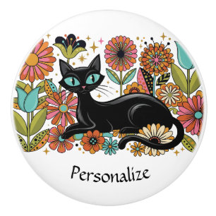 Personalized Retro Black Cat Floral Accent Ceramic Knob