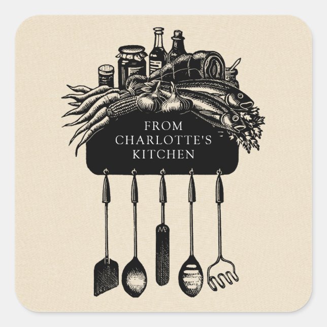 Personalized Retro Black Cream Kitchen Label (Front)