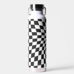 Personalized Retro Black White Wavy Chequered Water Bottle<br><div class="desc">Modern retro Water Bottle in black and white checks with custom name</div>