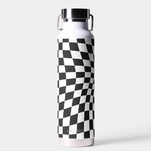 Personalized Retro Black White Wavy Chequered Water Bottle