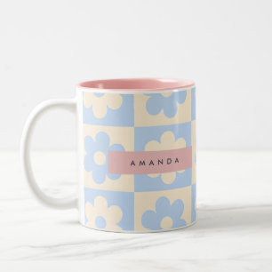 Personalized Retro Blue Daisy Pastel Flower Two-Tone Coffee Mug