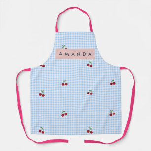 Personalized Retro Blue Gingham Cherry Print  Apron
