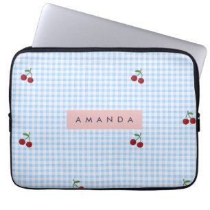 Personalized Retro Blue Gingham Cherry Print Laptop Sleeve