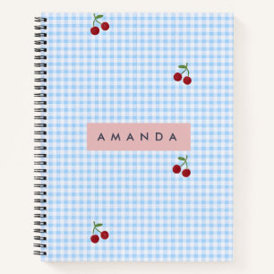 Personalized Retro Blue Gingham Cherry Print  Notebook