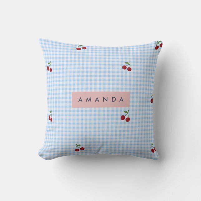 Personalized Retro Blue Gingham Cherry Print  Throw Pillow (Front)