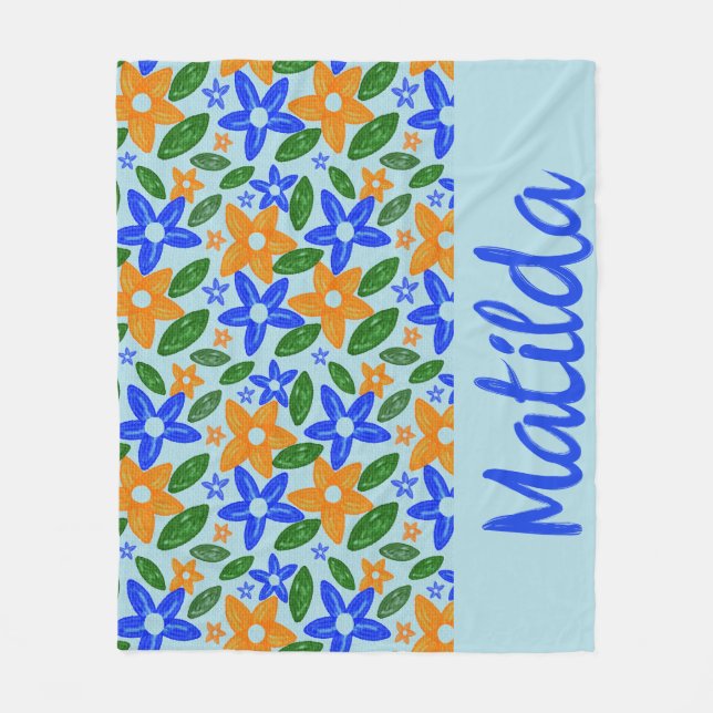 Personalized Retro Blue & Orange Floral  Fleece Blanket (Front)