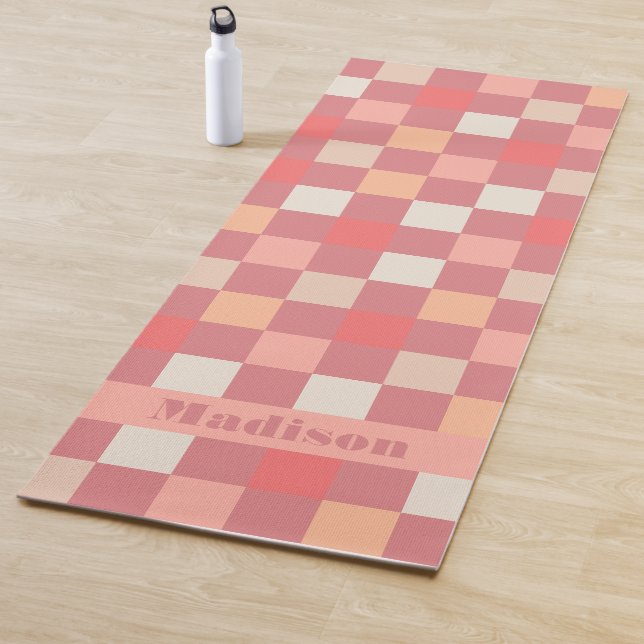 Personalized Retro Boho Chequered Pattern Pink Yoga Mat (In Situ)
