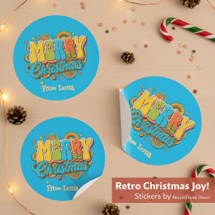 Personalized Retro Christmas Groovy Name Classic Round Sticker