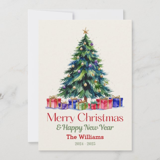 Personalized retro Christmas tree & gifts  Holiday Card (Front)