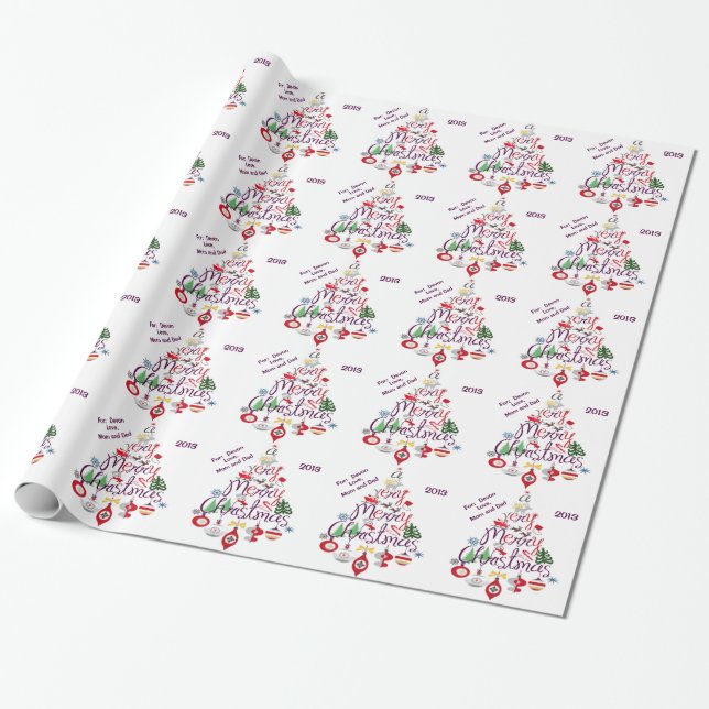 Personalized Retro Christmas Tree Wrapping Paper (Unrolled)