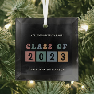 Personalized Retro Class of 2023 Graduation Cute Glass Ornament