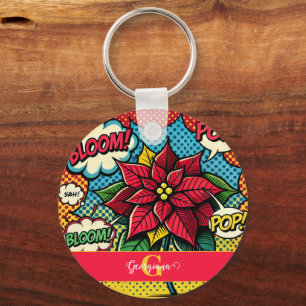 Personalized Retro Comic Book Pop Art Poinsettia Keychain