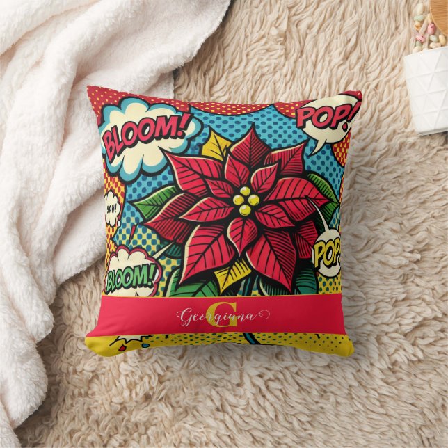 Personalized Retro Comic Book Pop Art Poinsettia Throw Pillow (Blanket)