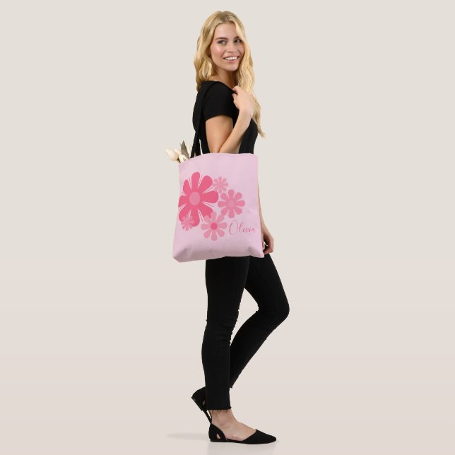 Personalized Retro Cute Pink Flowers Tote Bag (On Model)