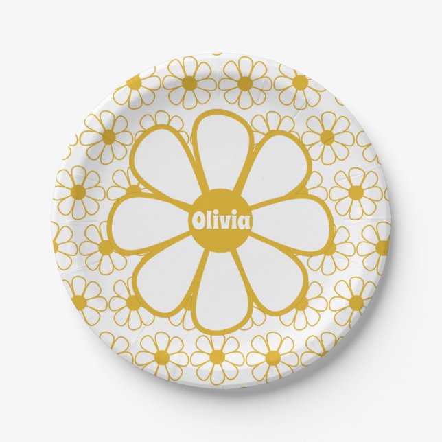 Personalized Retro Daisy Floral Pattern Paper Plate (Front)
