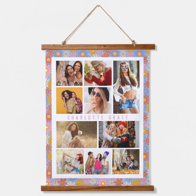 Personalized Retro Floral 10 Photo Collage Hanging Tapestry (Front)
