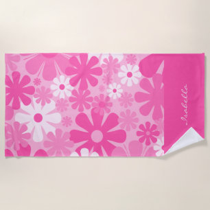 Personalized Retro Floral 60s 70s Y2K Pink Beach Towel