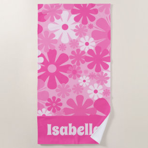 Personalized Retro Floral 60s 70s Y2K Pink Beach Towel