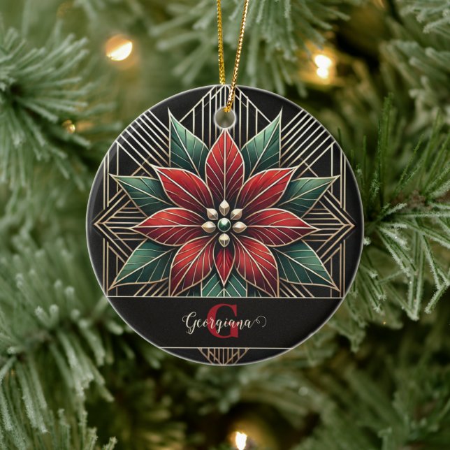 Personalized Retro Floral Art Deco Poinsettia Ceramic Ornament (Tree)