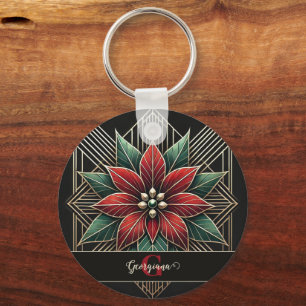 Personalized Retro Floral Art Deco Poinsettia Keychain