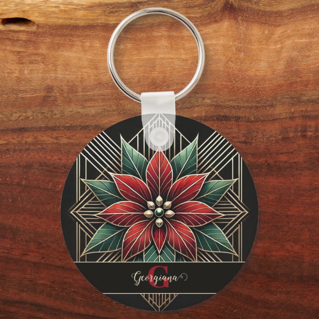 Personalized Retro Floral Art Deco Poinsettia Keychain (Front)
