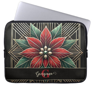 Personalized Retro Floral Art Deco Poinsettia Laptop Sleeve